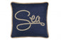 17" Navy Blue and Brown Sea Throw Pillow with Embroidery