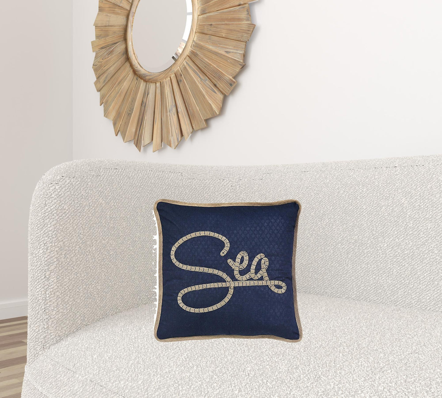 17" X 17" Navy Blue And Brown Text Zippered Polyester And Burlap Blend Throw Pillow With Embroidery