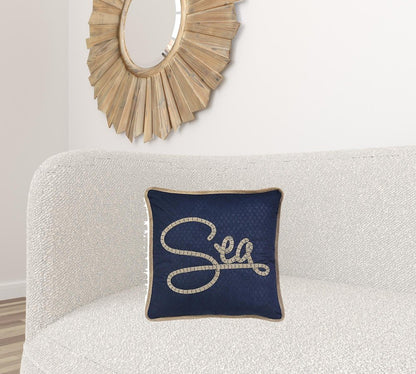 17" Navy Blue and Brown Sea Throw Pillow with Embroidery