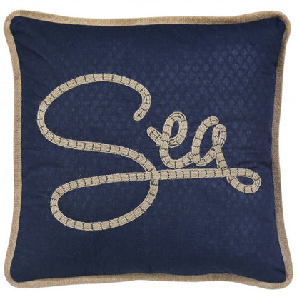 17" X 17" Navy Blue And Brown Text Zippered Polyester And Burlap Blend Throw Pillow With Embroidery