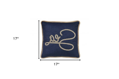17" Navy Blue and Brown Sea Throw Pillow with Embroidery