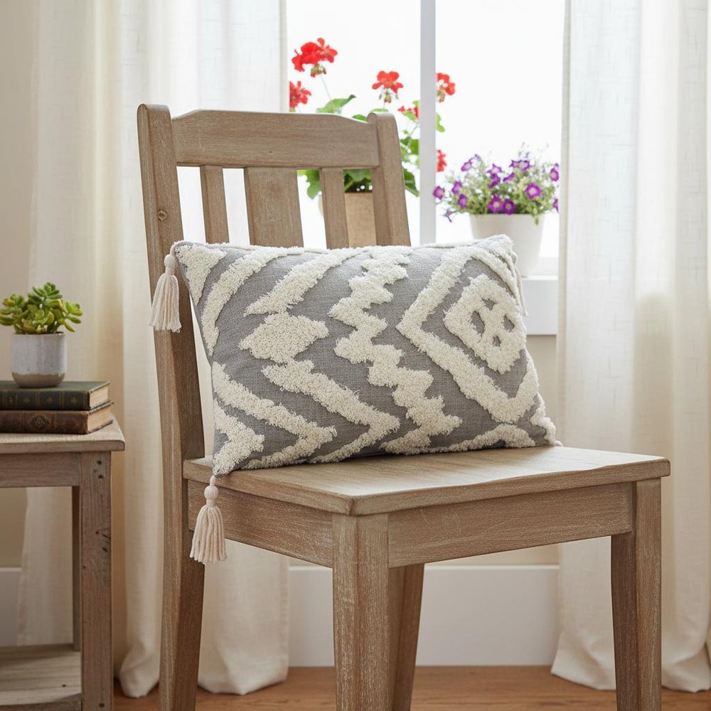 13" X 20" Gray and White Throw Pillow with Tassels