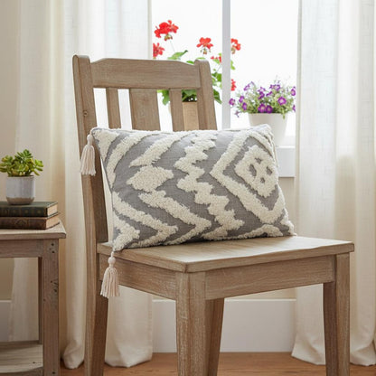 13" X 20" Gray and White Throw Pillow with Tassels