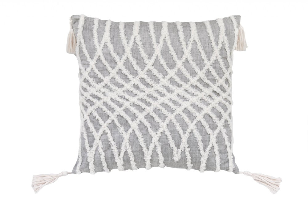 17" Gray and White Throw Pillow with Tassels