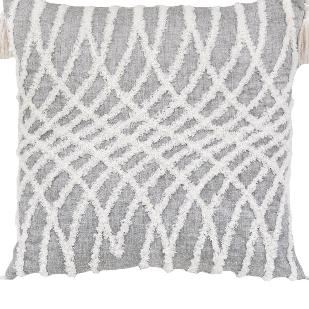 17" Gray and White Throw Pillow with Tassels