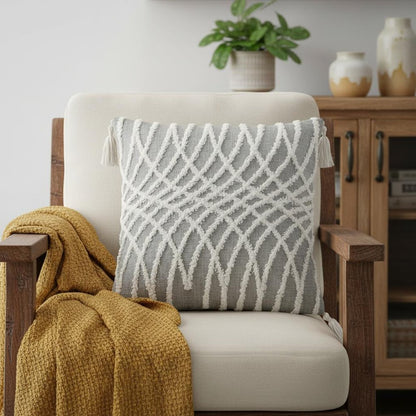 17" Gray and White Throw Pillow with Tassels