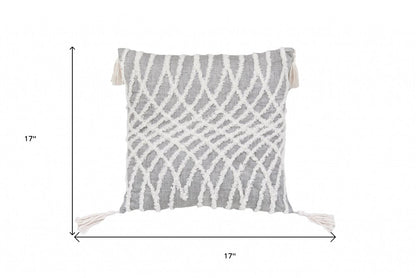 17" Gray and White Throw Pillow with Tassels
