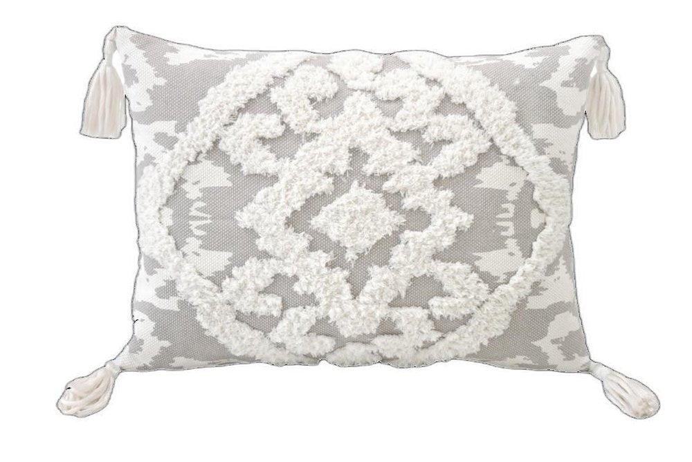 13" X 18" Gray and White Throw Pillow with Tassels