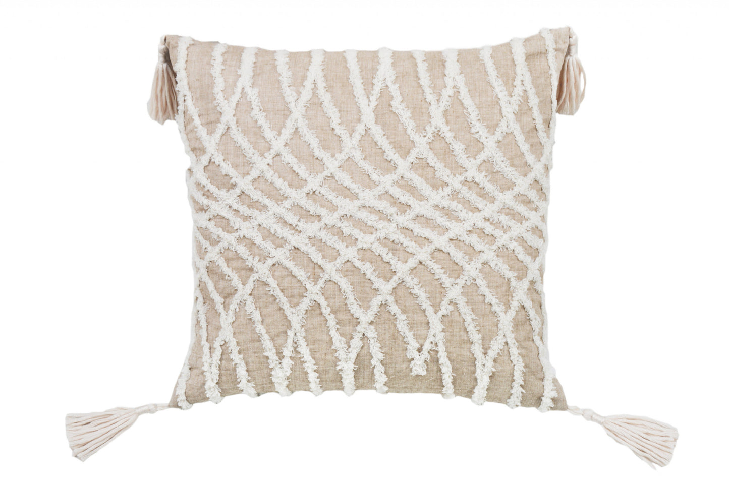 17" X 17" Taupe And White Interlocking Zippered Polyester Throw Pillow With Tassels