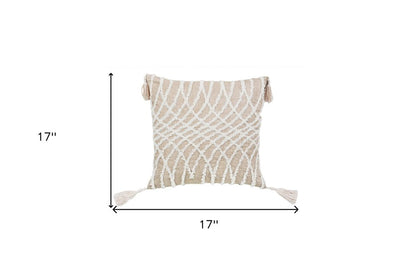 17" Taupe and White Throw Pillow with Tassels