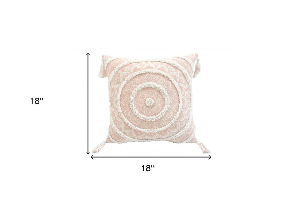 18" Peach and White Throw Pillow with Tassels