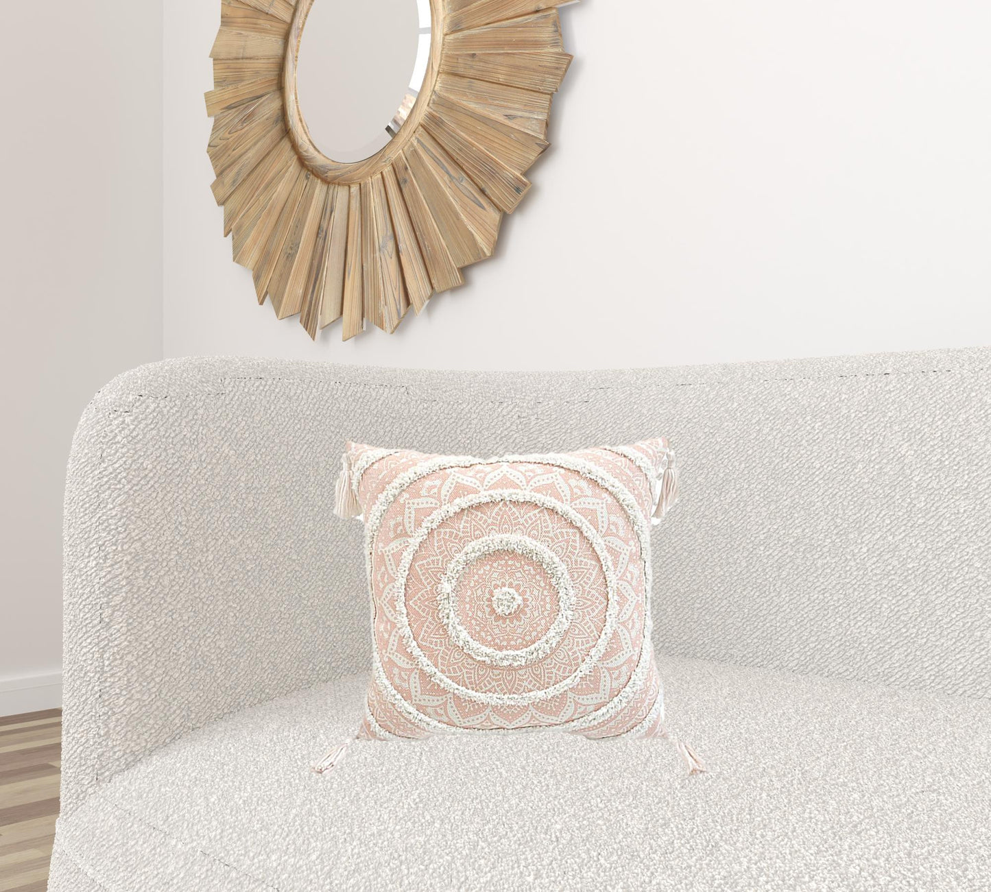 18" X 18" Peach And White Geometric Zippered Polyester And Cotton Blend Throw Pillow With Tassels