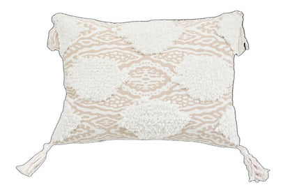 13" X 18" Beige And White Ogee Zippered Polyester And Cotton Blend Throw Pillow With Tassels