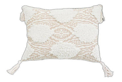 13" X 18" Beige and White Throw Pillow with Tassels