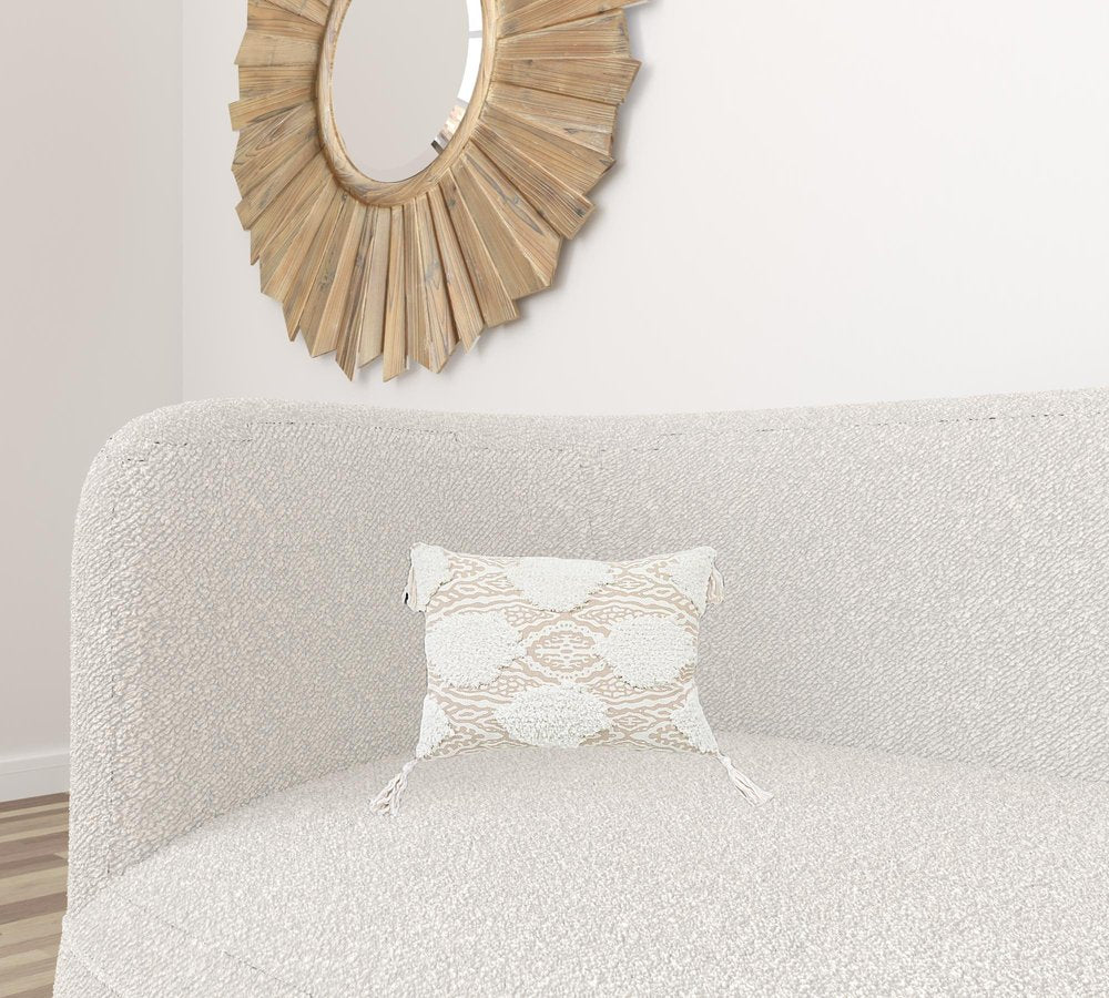 13" X 18" Beige and White Throw Pillow with Tassels