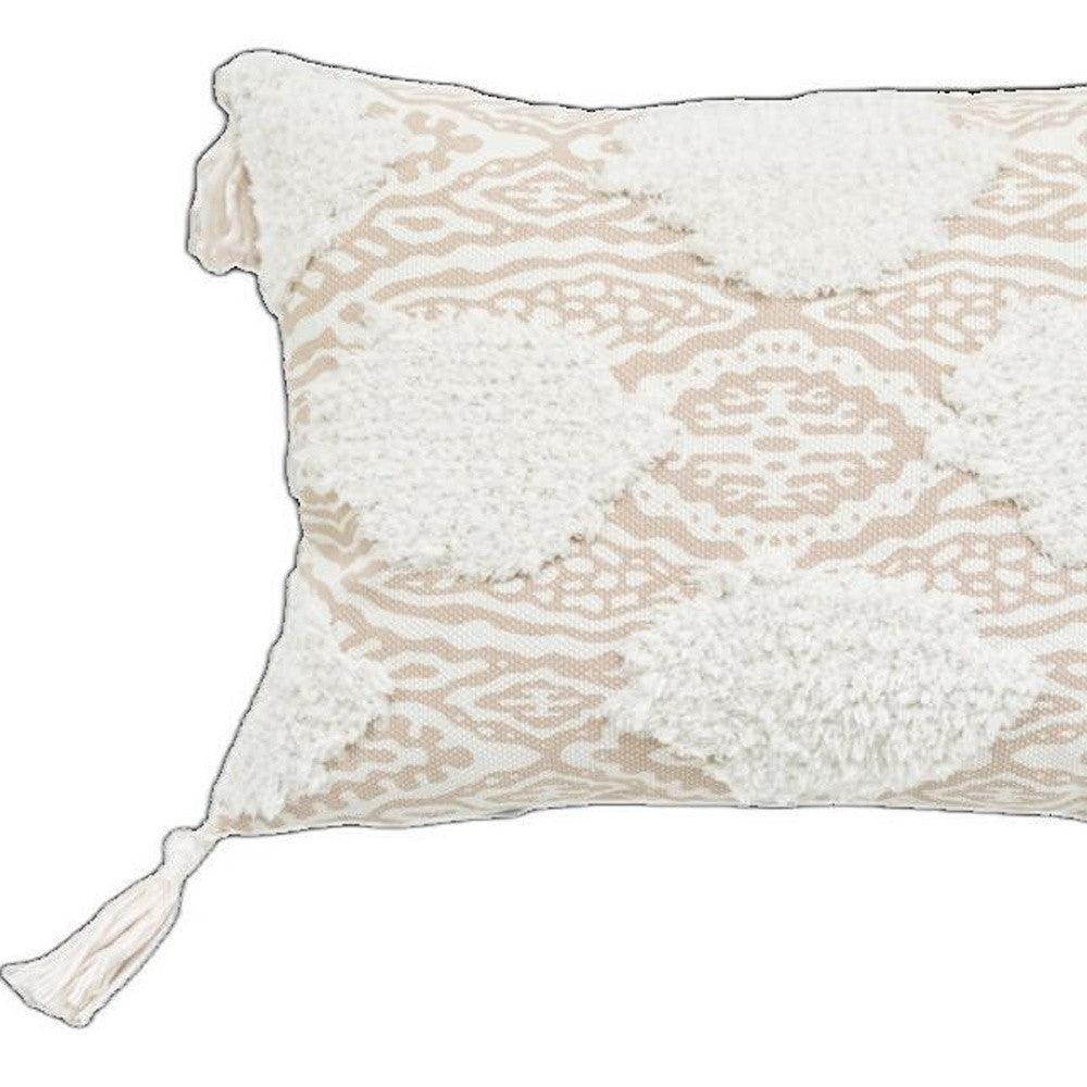 13" X 18" Beige And White Ogee Zippered Polyester And Cotton Blend Throw Pillow With Tassels