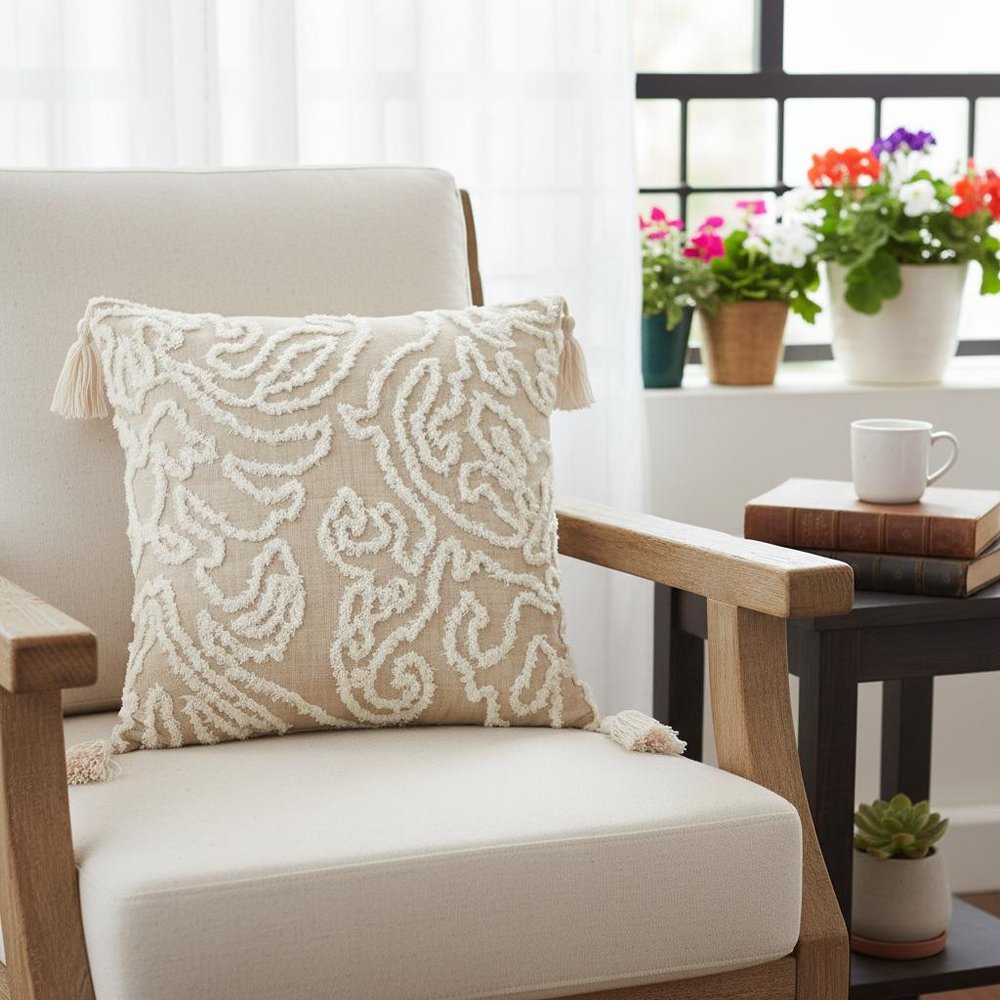 17" Beige and White Throw Pillow with Tassels