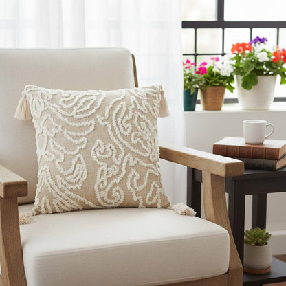 17" Beige and White Throw Pillow with Tassels