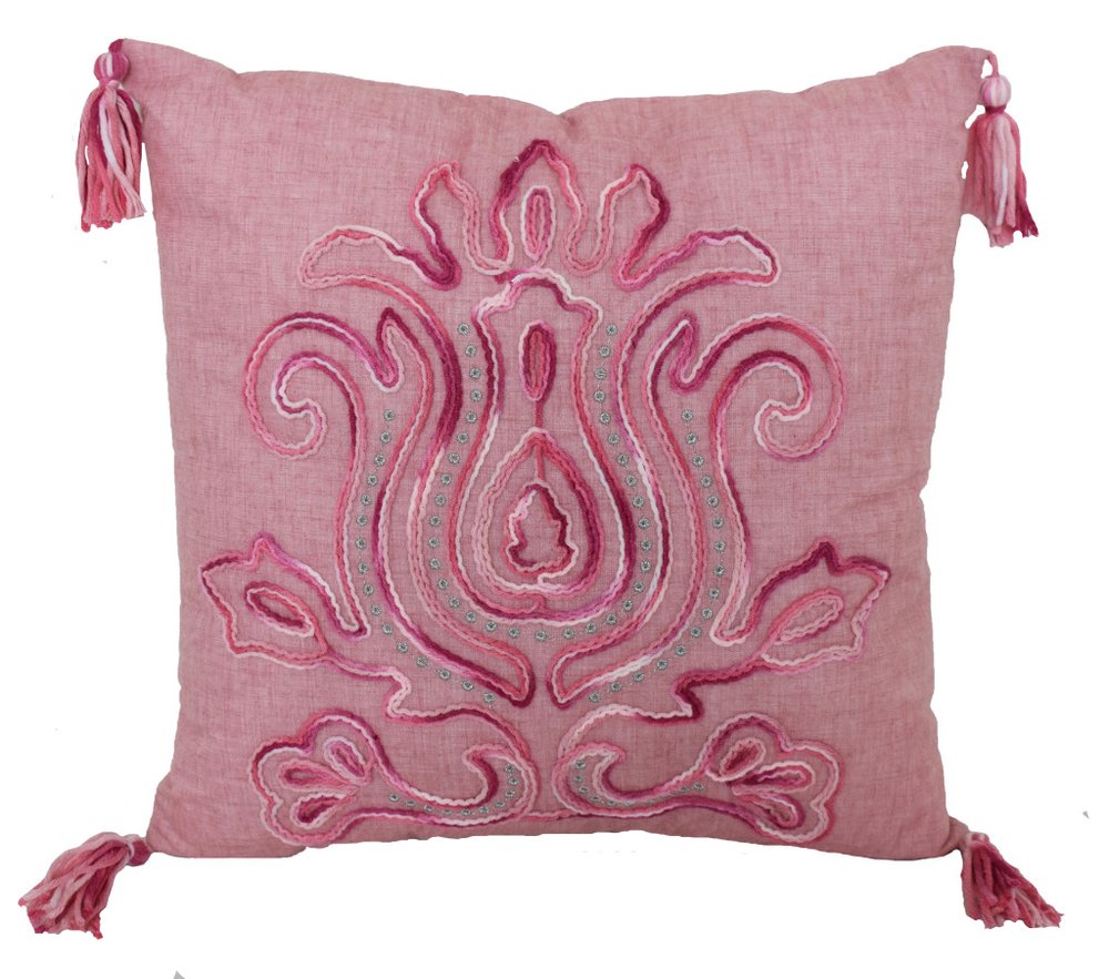 17" Light Pink Floral Throw Pillow with Tassels