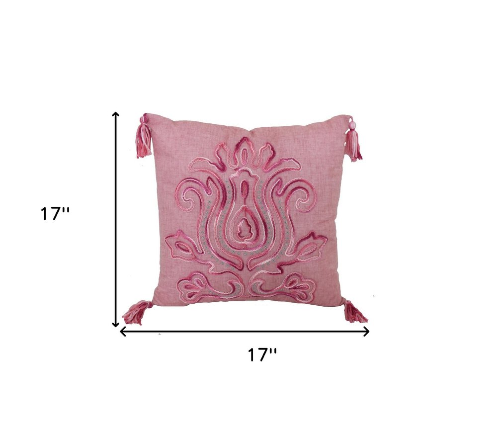 17" Light Pink Floral Throw Pillow with Tassels