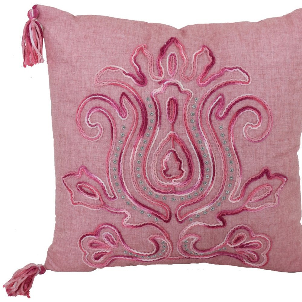 17" Light Pink Floral Throw Pillow with Tassels