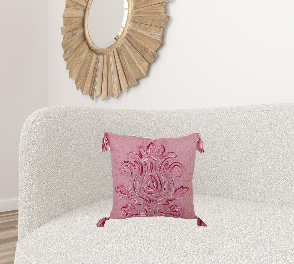 17" Light Pink Floral Throw Pillow with Tassels