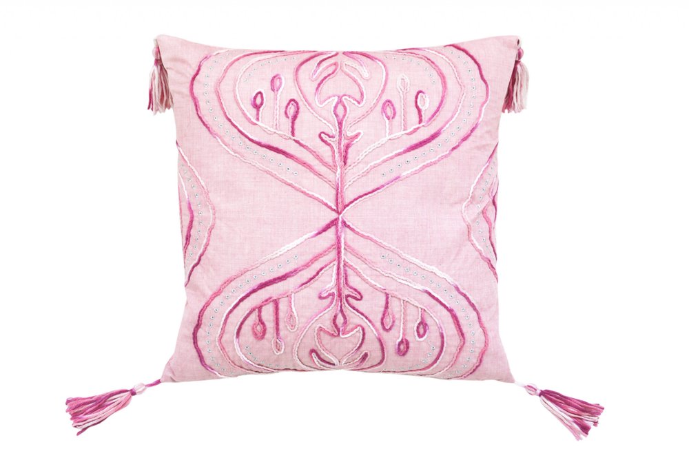 17" Pink And White Abstract Throw Pillow with Tassels