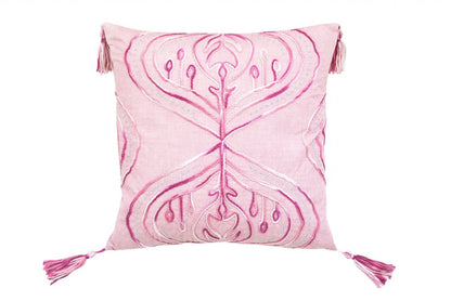 17" Pink And White Abstract Throw Pillow with Tassels