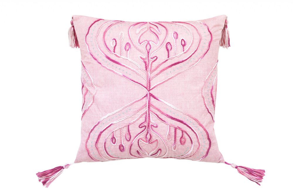 17" Pink And White Abstract Throw Pillow with Tassels