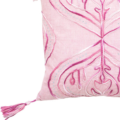 17" X 17" Pink White And Silver Abstract Zippered Polyester Throw Pillow With Tassels