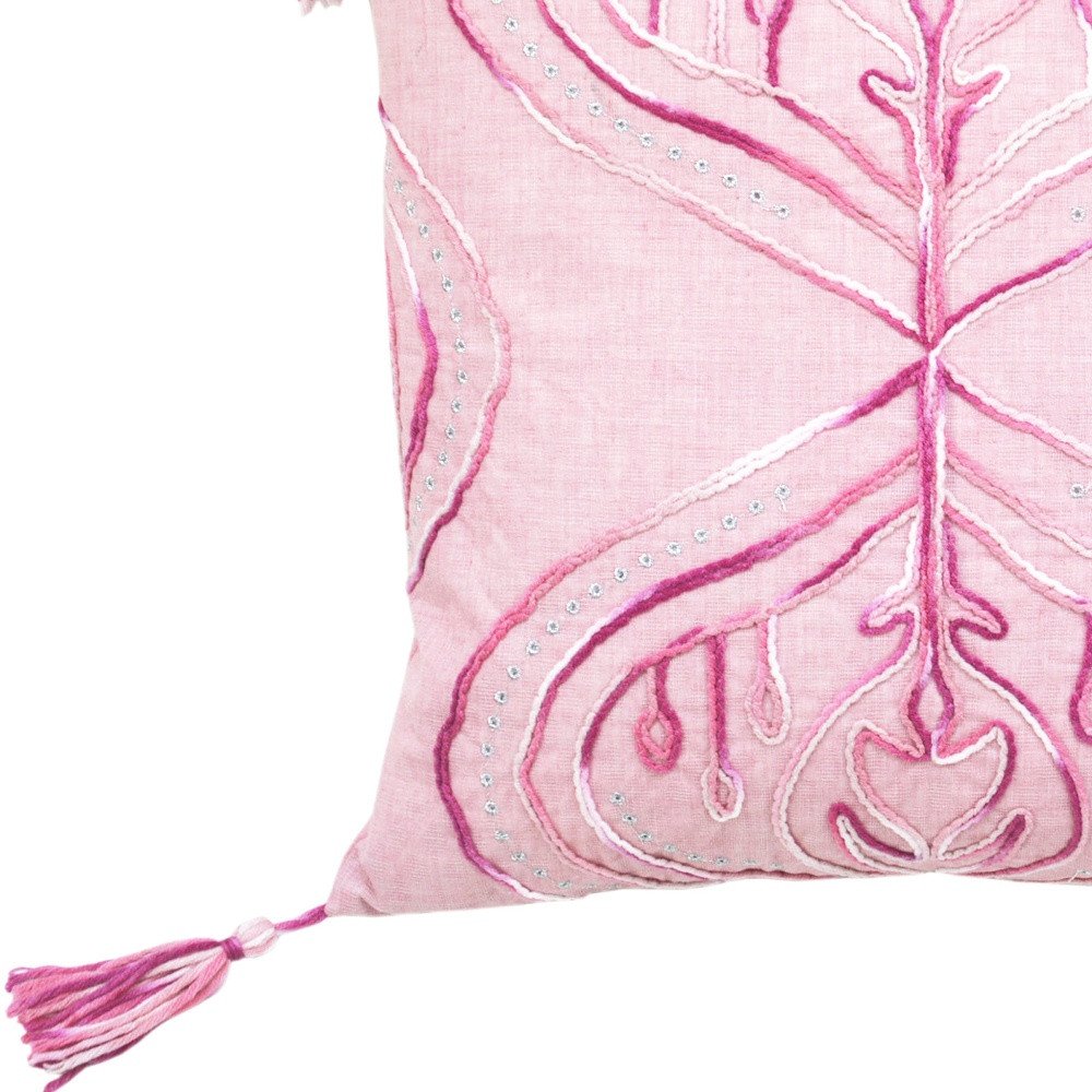 17" Pink And White Abstract Throw Pillow with Tassels