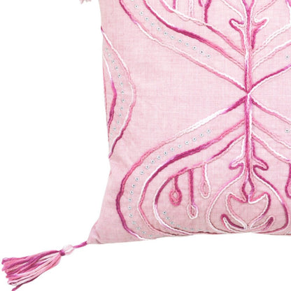 17" Pink And White Abstract Throw Pillow with Tassels