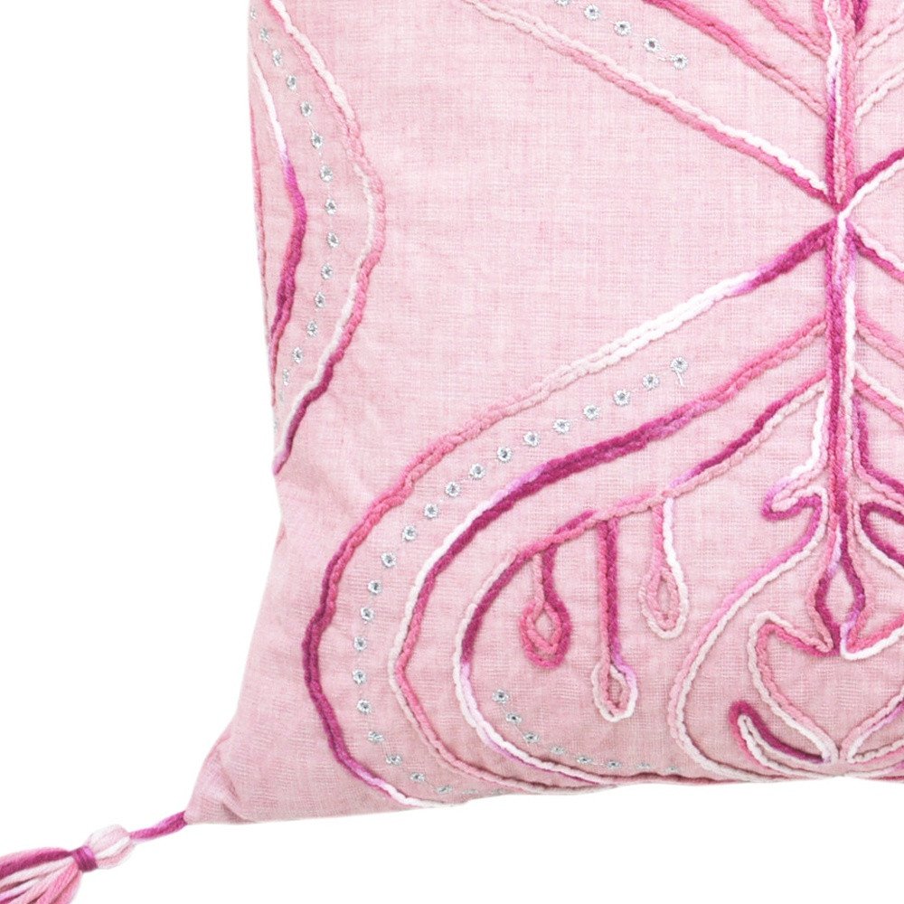 17" Pink And White Abstract Throw Pillow with Tassels