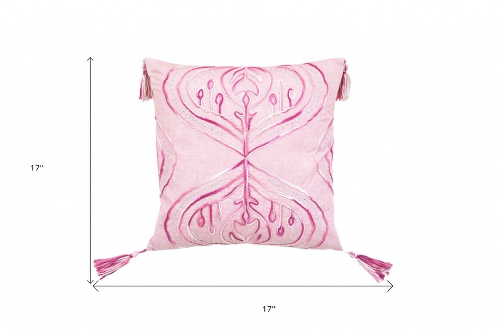 17" Pink And White Abstract Throw Pillow with Tassels