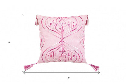 17" Pink And White Abstract Throw Pillow with Tassels