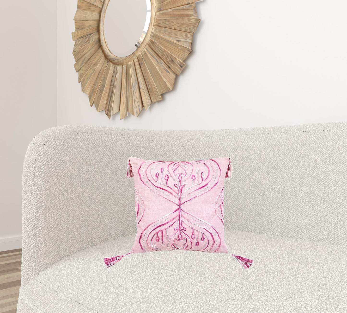 17" X 17" Pink White And Silver Abstract Zippered Polyester Throw Pillow With Tassels