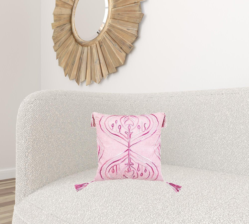 17" Pink And White Abstract Throw Pillow with Tassels