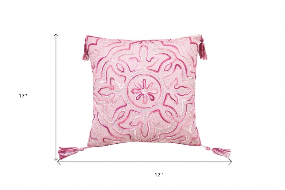 17" Pink And White Damask Throw Pillow with Tassels