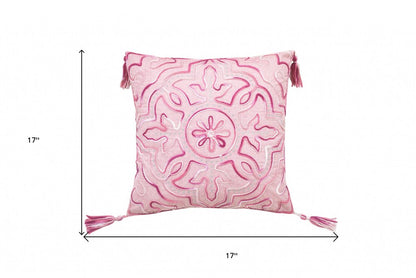 17" Pink And White Damask Throw Pillow with Tassels