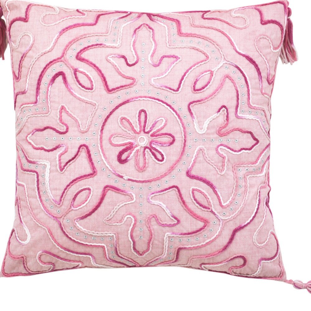 17" Pink And White Damask Throw Pillow with Tassels