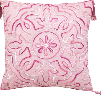 17" Pink And White Damask Throw Pillow with Tassels