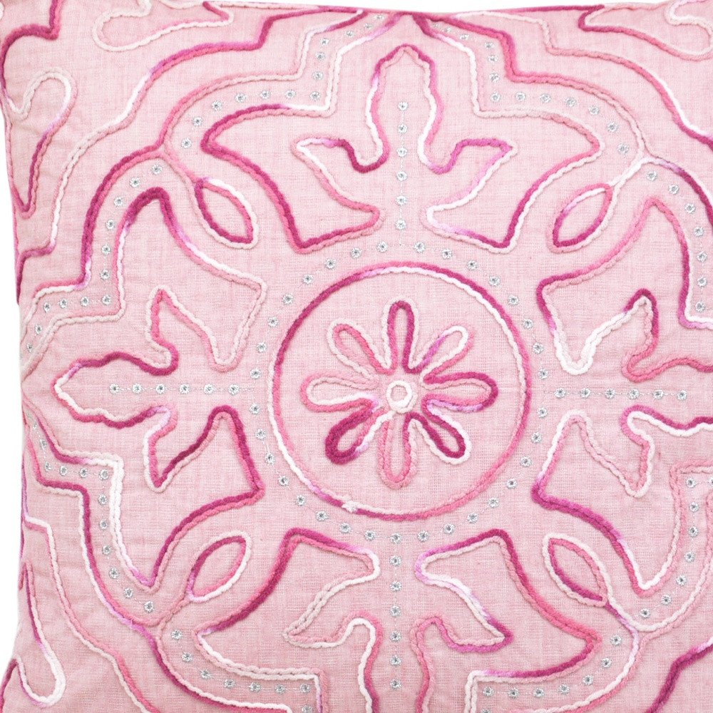 17" Pink And White Damask Throw Pillow with Tassels