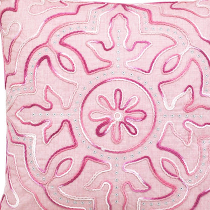 17" Pink And White Damask Throw Pillow with Tassels