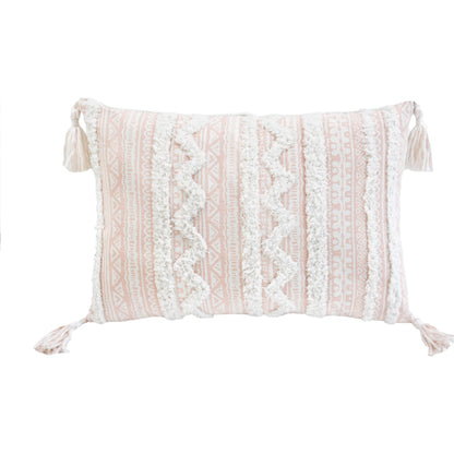 13" X 18" Beige And White Damask Zippered Polyester And Burlap Blend Throw Pillow With Tassels