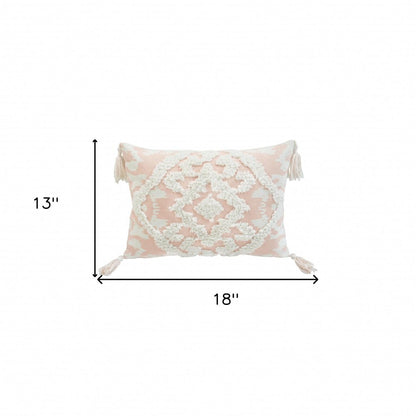 13" X 18" Peach and White Polyester and Cotton Blend Throw Pillow With Tassels