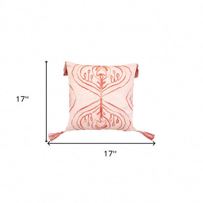 17" X 17" Coral Damask Zippered Polyester Throw Pillow With Tassels