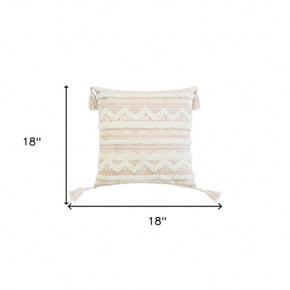 18" X 18" Beige And White Geometric Zippered Polyester And Cotton Blend Throw Pillow With Tassels