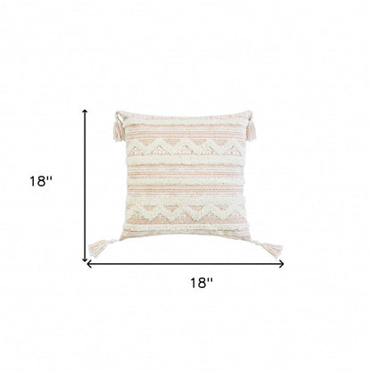 18" X 18" Beige And White Geometric Zippered Polyester And Cotton Blend Throw Pillow With Tassels