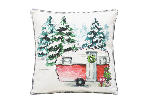 18" X 18" Snowy Christmas Camper Throw Pillow