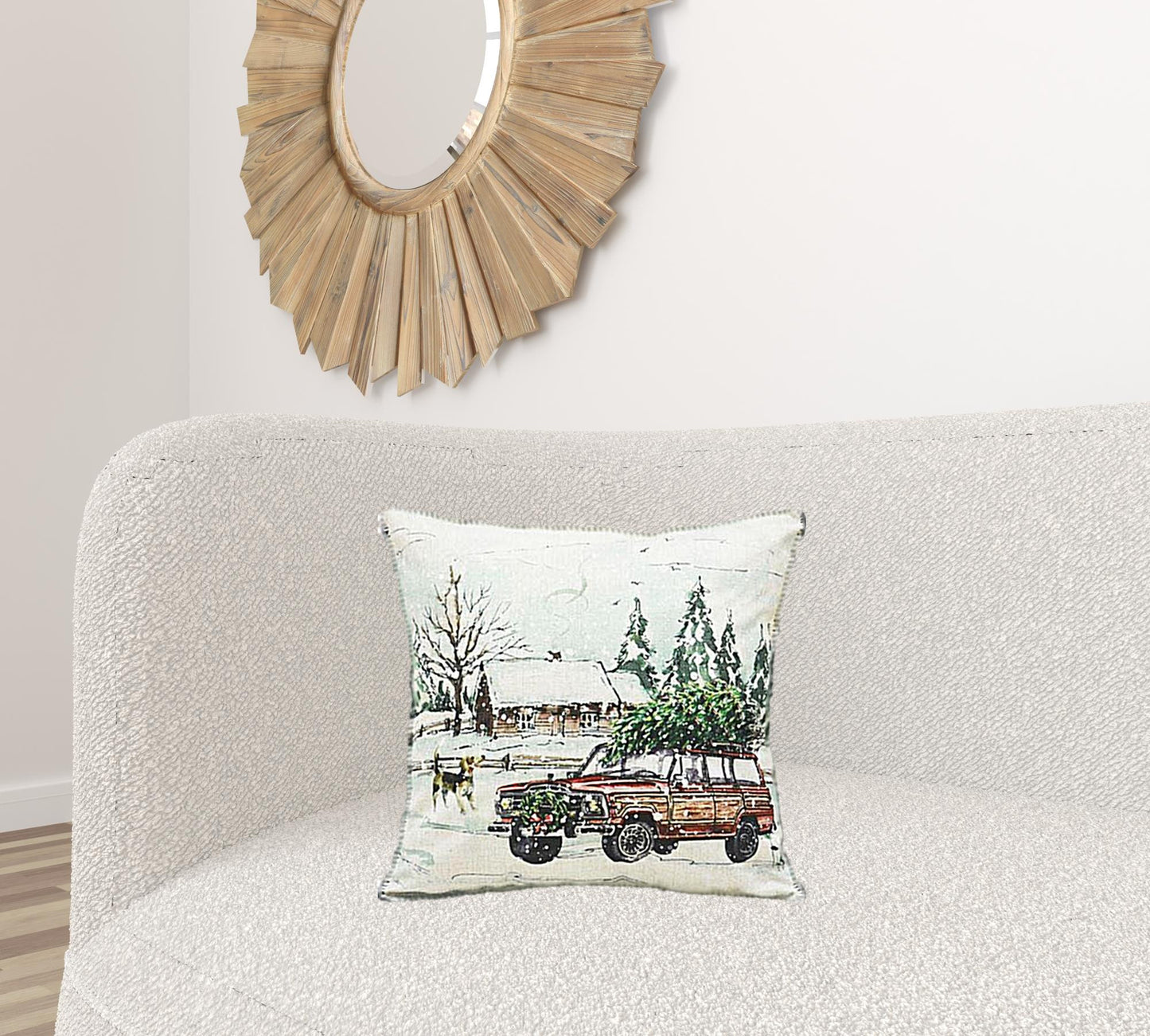 18" X 18" Snowy Christmas Tree and Lodge Throw Pillow